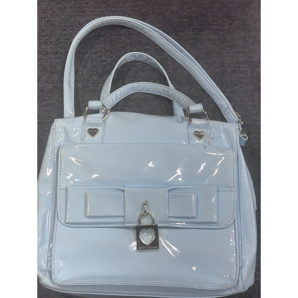 Betsey Johnson Blue Patent Satchel Handbag Bow Heart Lock Y2K Shoulder Bag